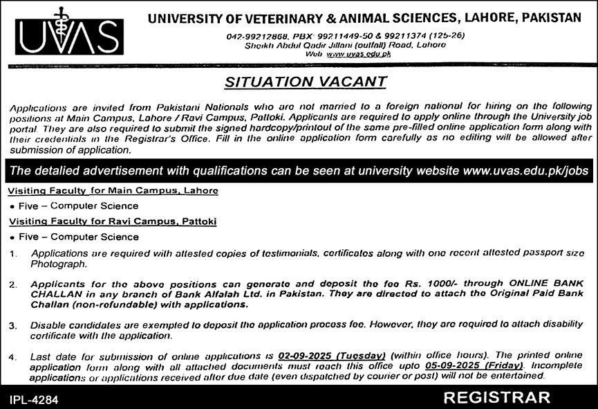 University Of Veterinary & Animal Sciences UVAS Jobs 2025 – University of Veterinary and Animal Sciences Lahore Jobs 2025 — original advertisement