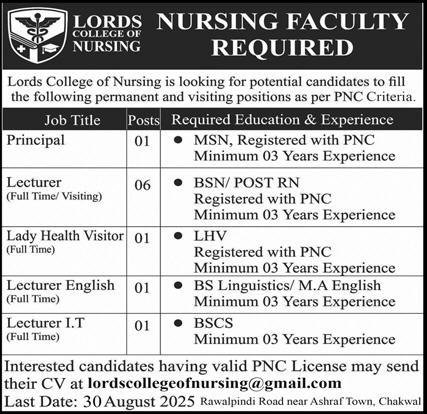 Lords College Of Nursing Chakwal Jobs 2025 For Lecturers – Lords College of Pharmacy Jobs 2025 — original advertisement