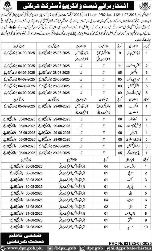 Health Department Harnai Jobs Test & Interview 2025 – Health Department Balochsitan Jobs 2025 — original advertisement