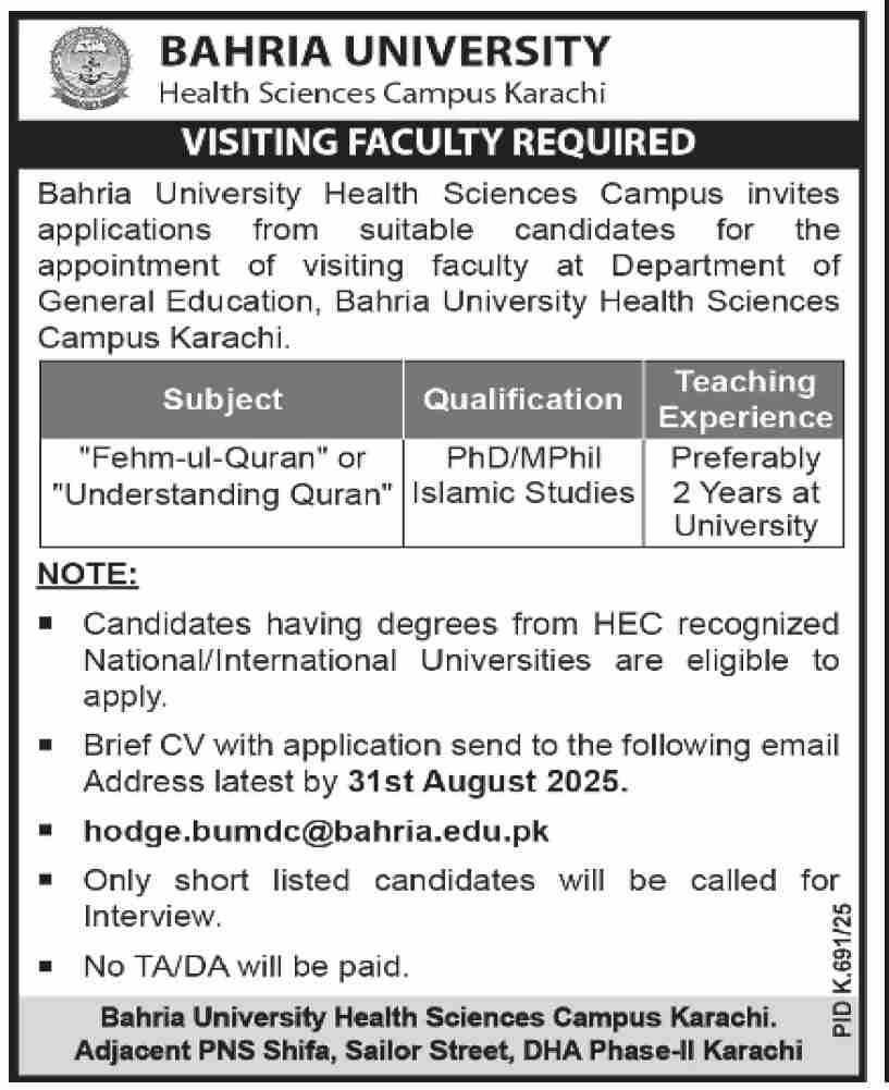 Bahria Univesity Health Sciences Karachi Jobs 2025 – Bahria University Jobs 2025 — original advertisement