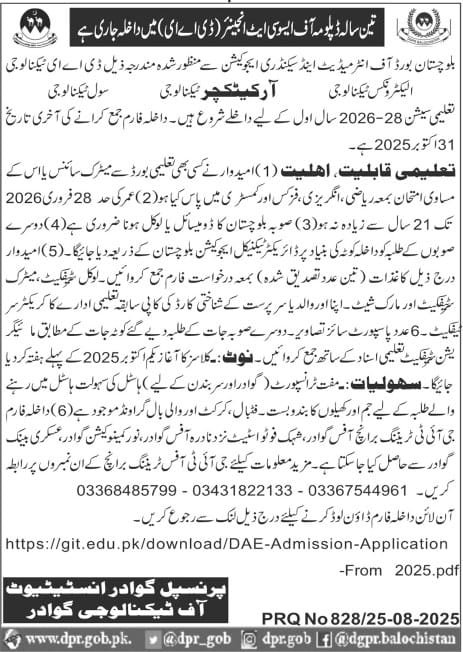 Admission Open in Instiute of Technology Gwadar Balochistan – Balochistan Board of Intermediate & Secondary Education Quetta Balochistan Admissions 2025 — original advertisement