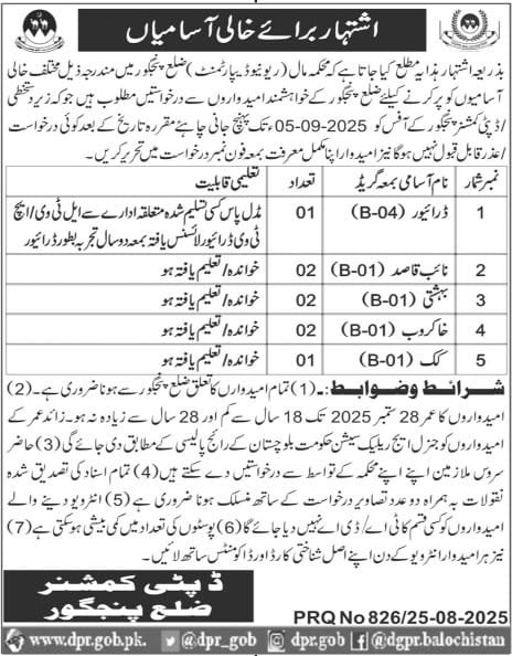Deputy Commissioner District Panjgor Jobs 2025 – Revenue Department Balochistan Jobs 2025 — original advertisement