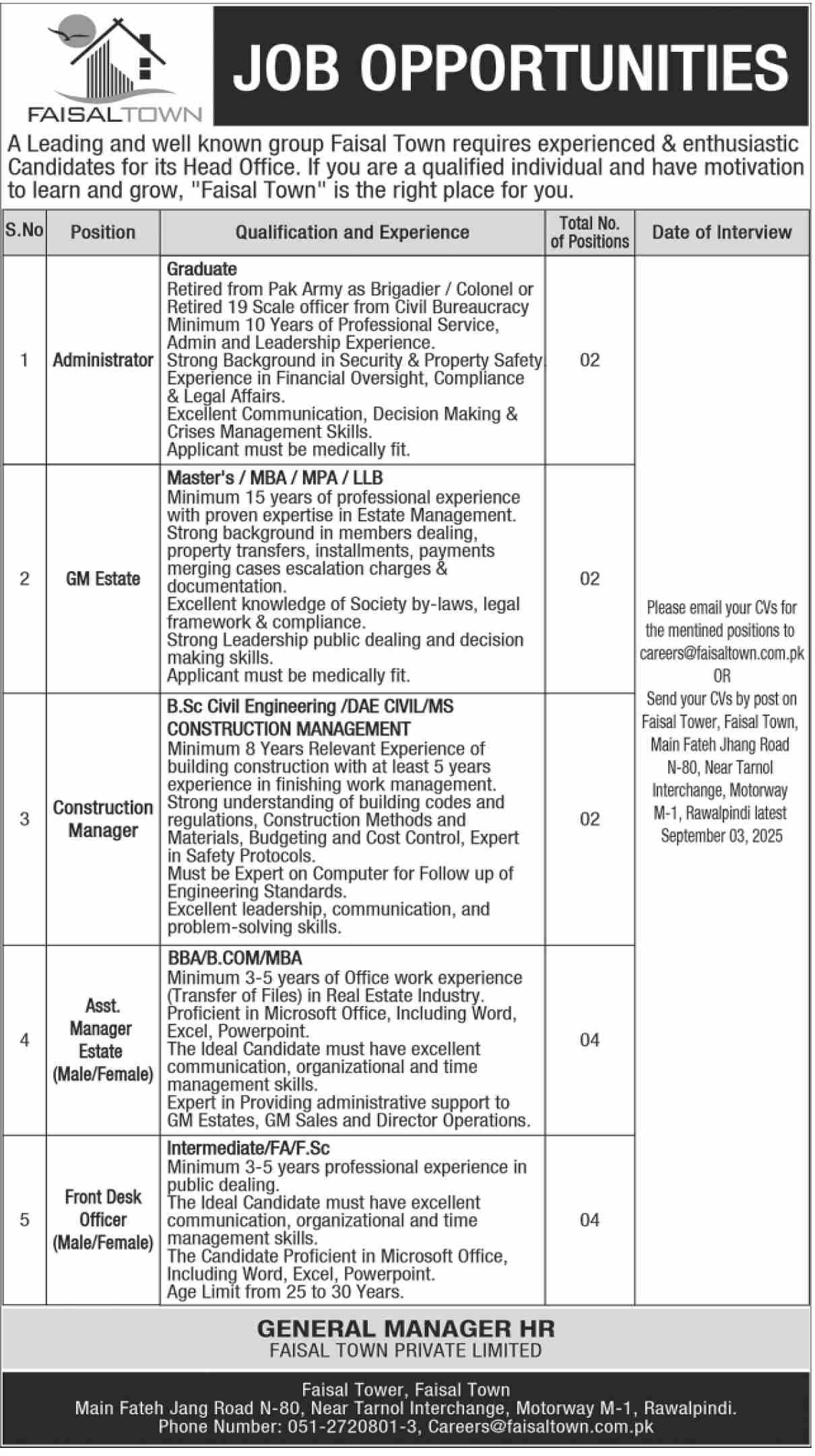 Faisal Town Private Limited Jobs 2025 Jobs 2025 — original advertisement