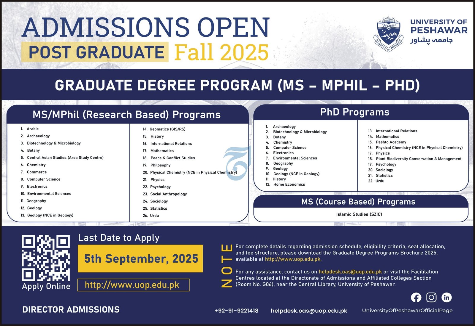 Admission Open in University of Peshawar 2025 Admissions 2025 — original advertisement