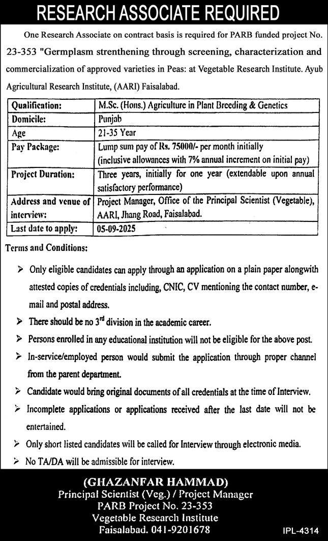 Ayub Agriculture Research Institute AARI Faisalabad Jobs – Public Sector Organization Jobs 2025 — original advertisement