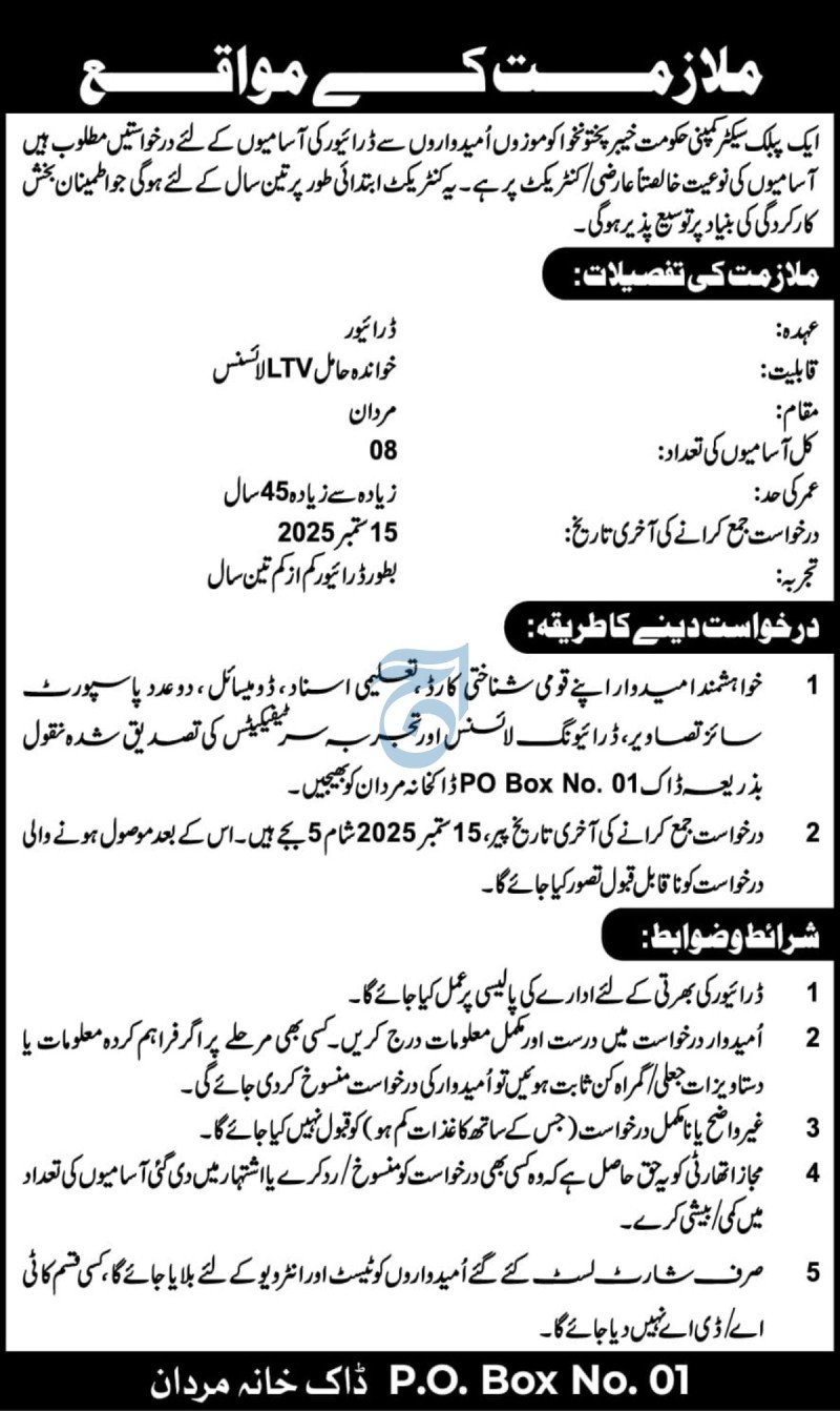 Public Sector Company Mardan Job 2025 – Private Company Jobs 2025 — original advertisement