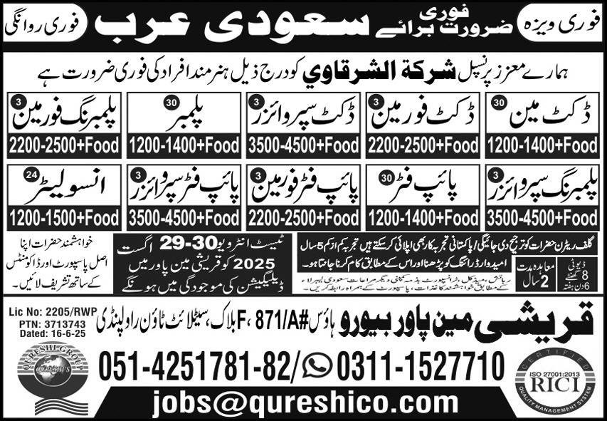 Pipe Fitter Supervisor & Plumbing Supervisor Jobs 2025 – Qureshi Manpower Bureau Jobs 2025 — original advertisement