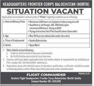 Headquaters Frontier Crops Balochistan North Jobs 2025 – Frontier Corps (North) Balochistan Jobs 2025 — original advertisement