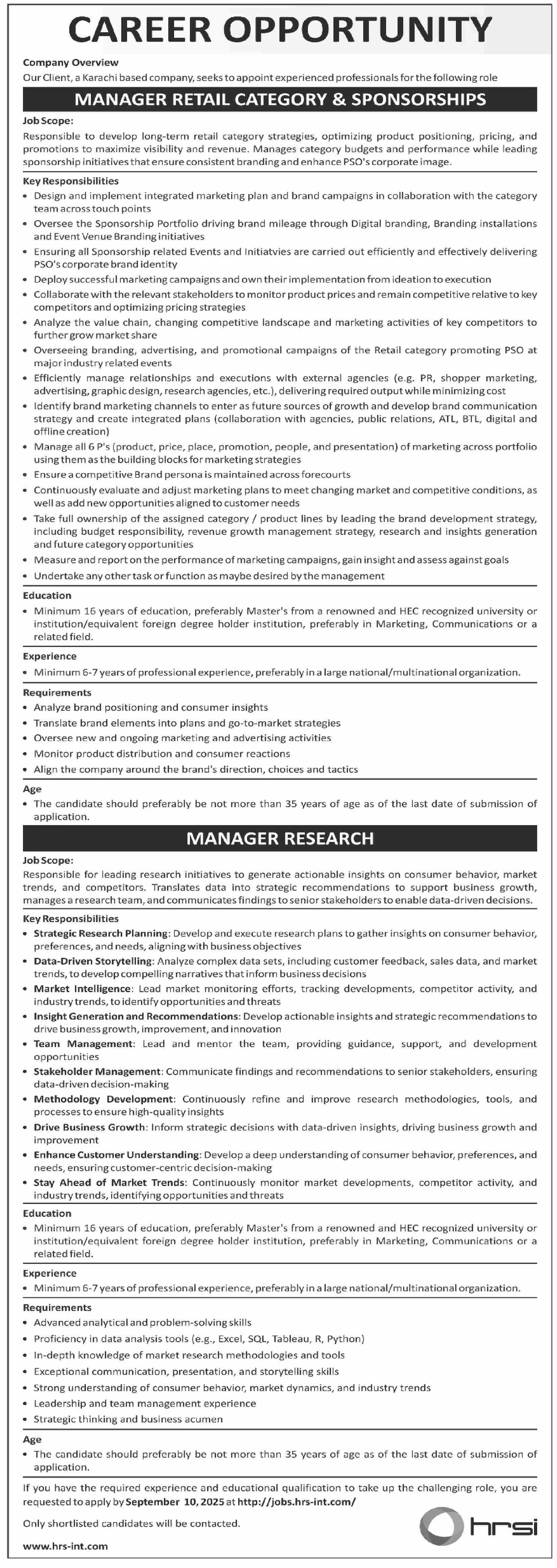 Human Resource Solution International HRSI Jobs 2025 – HRSG People and Business karachi Jobs 2025 — original advertisement
