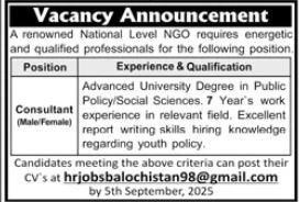 Renowned National Level Ngo Balochistan Jobs 2025 – Public Sector Organization Jobs 2025 — original advertisement