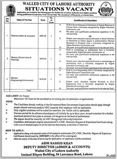 Walled City of Lahore Authority Wlca Jobs 2025 Jobs 2025 — original advertisement