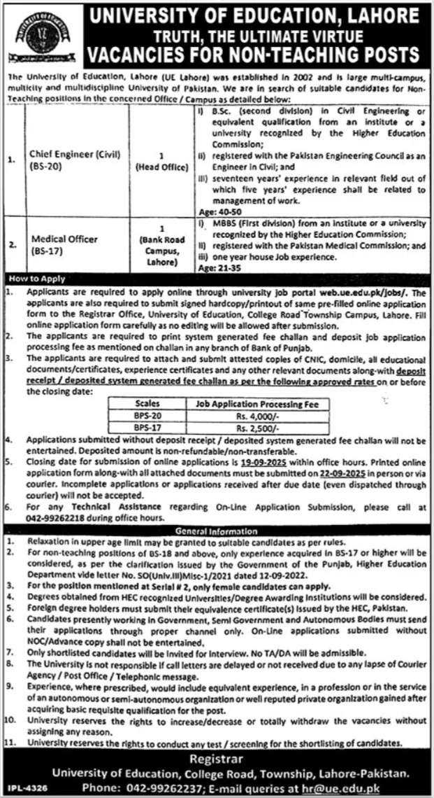 University Of Education Lahore Jobs 2025 Jobs 2025 — original advertisement