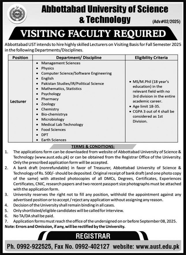Abbottabad University Of Science & Technology AUST Jobs 2025 – Abbottabad University of Science and Technology Jobs 2025 — original advertisement