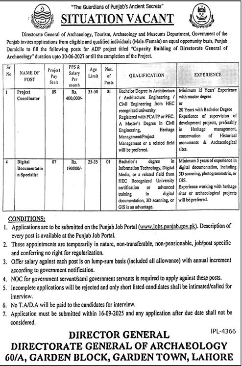 Directorate General of Archaology Toursim Archaology Jobs – Govt of Punjab Jobs 2025 — original advertisement