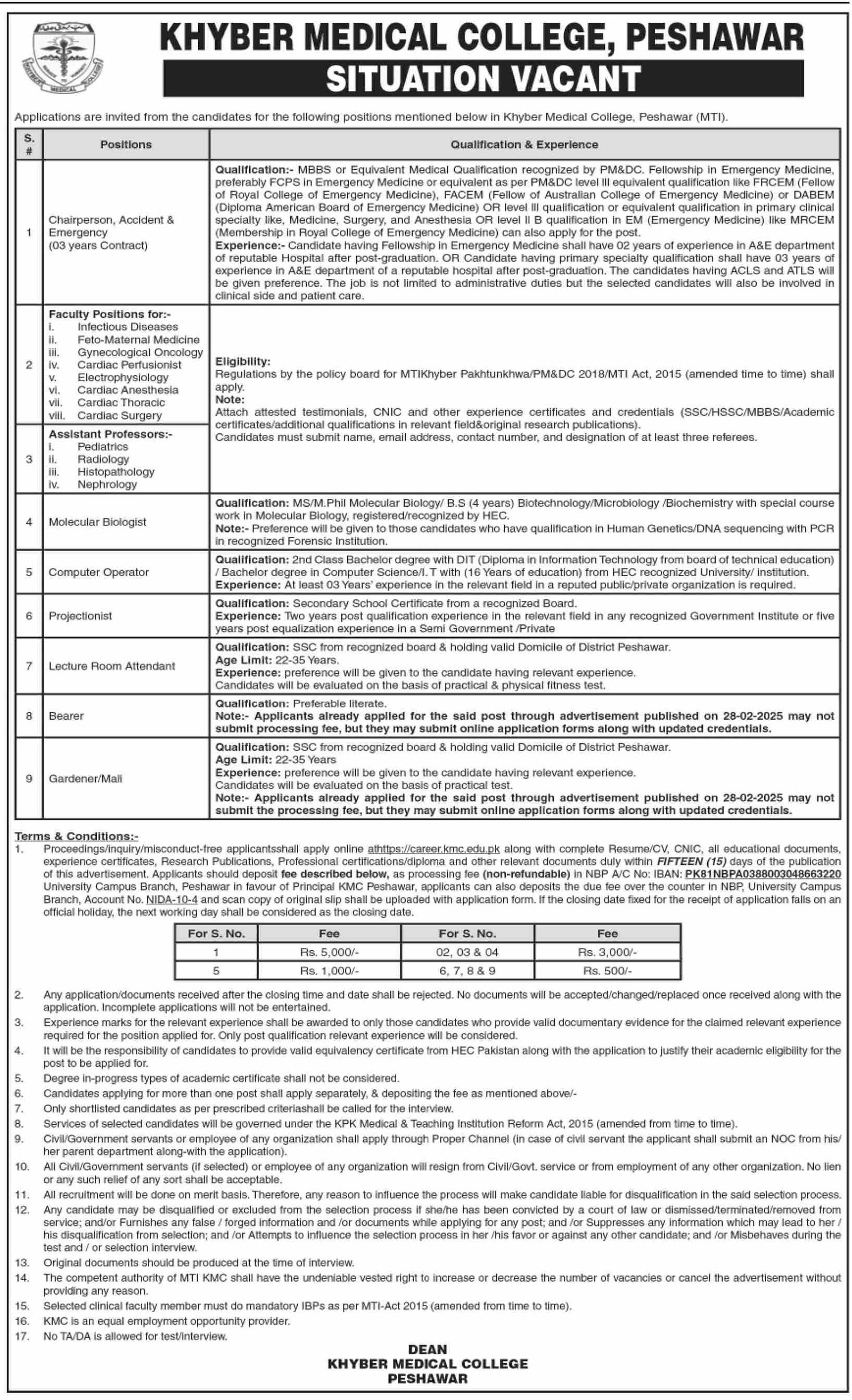 Khyber Medical College KMC Peshawar Jobs 2025 Jobs 2025 — original advertisement