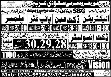 Duct Insulator & Electrician Jobs 2025 In Saudi Arabia – Mehboob Enterprises Overseas Employment Promoters Jobs 2025 — original advertisement