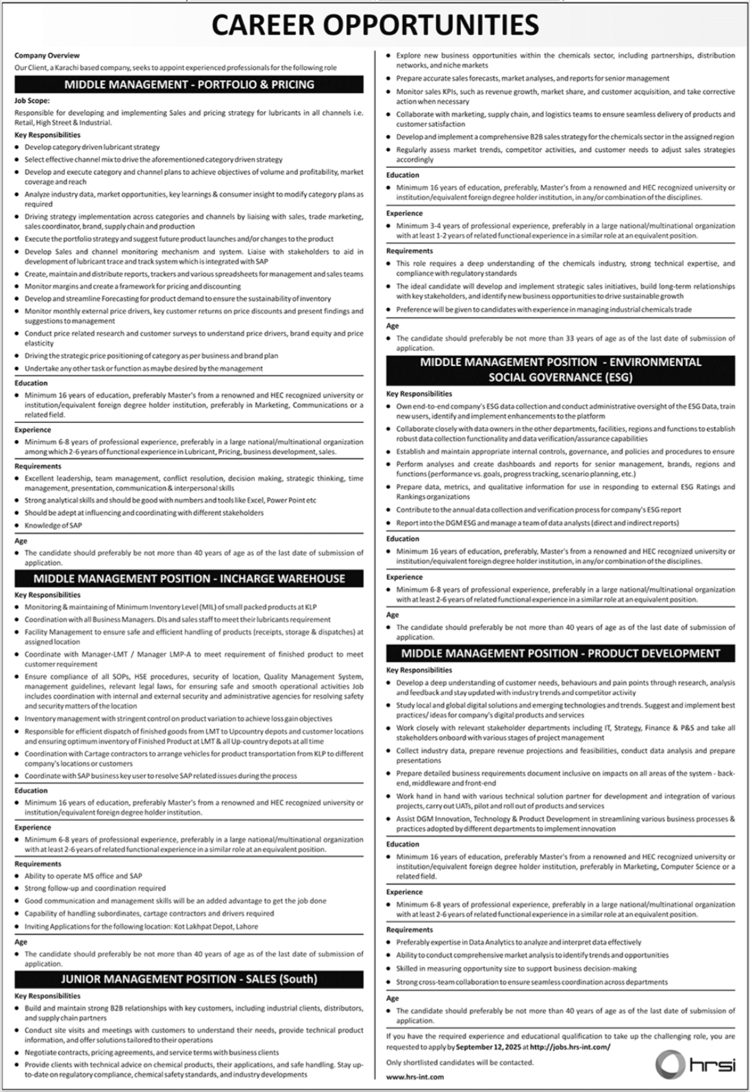 Human Resource Solution International HRSI Karachi Jobs 2025 – HRSG People and Business karachi Jobs 2025 — original advertisement