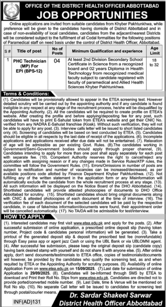 Office Of District Health Officer Abbottabad Job 2025 – Health Department KPK Jobs 2025 — original advertisement