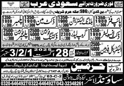 Duct Insulator & Electrical Foreman Jobs 2025 – Harmain Trade Test & Technical Training Center Jobs 2025 — original advertisement