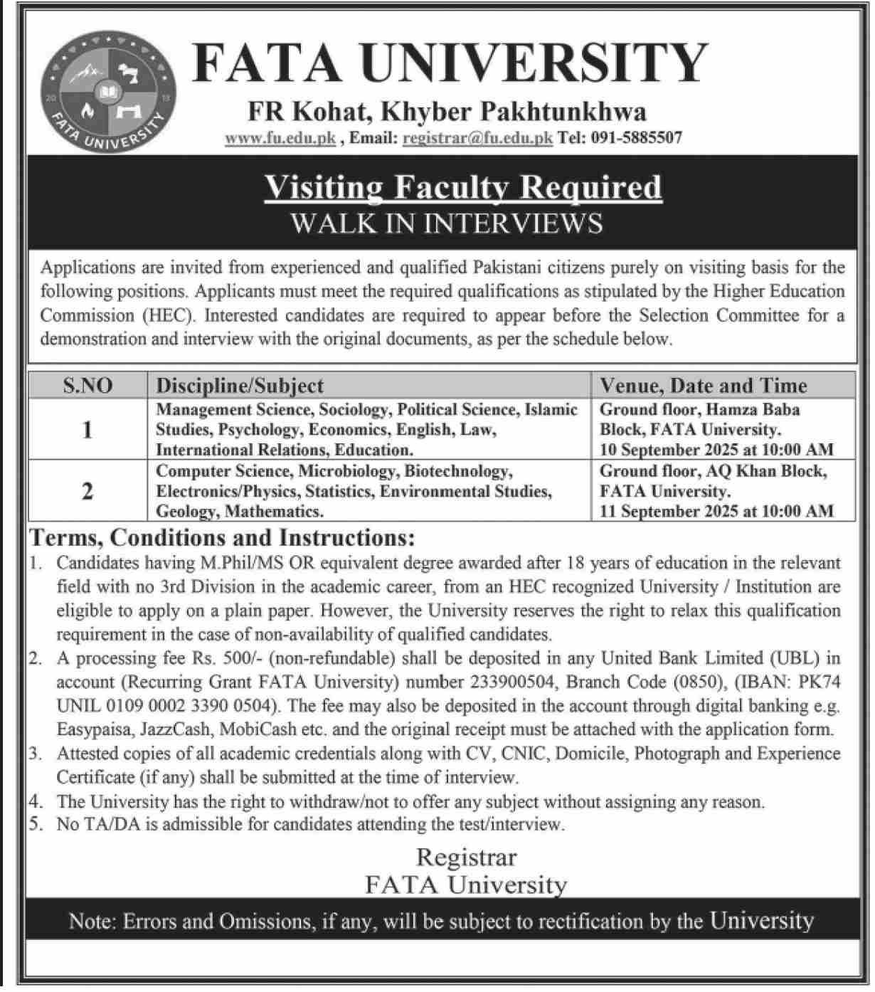 Fata University Kohat Jobs 2025 – FATA University Akhorwal Darra Adam Khel FR Kohat Jobs 2025 — original advertisement