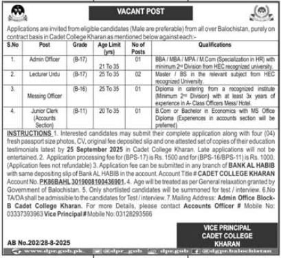 Cadet College Kharan Jobs 2025 For Lecturers Jobs 2025 — original advertisement
