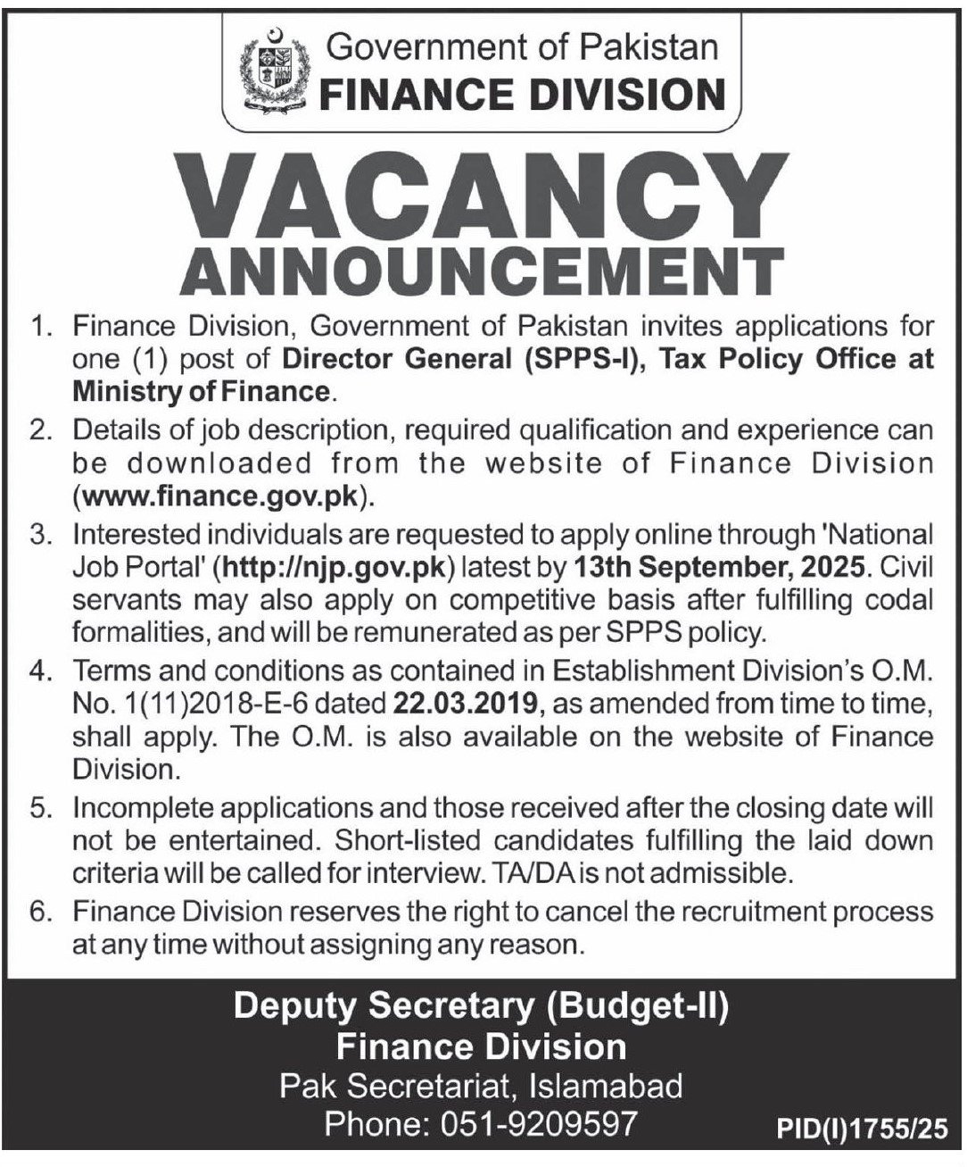 Finance Division Islamabad Jobs 2025 For Director General Jobs 2025 — original advertisement