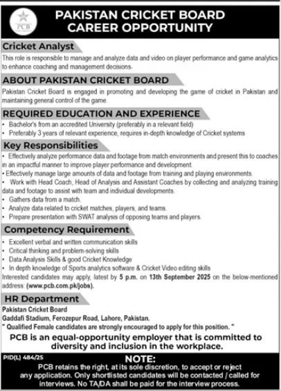 PCB Pakistan Cricket Board Lahore Jobs 2025 – Pakistan Cricket Board (PCB) Jobs 2025 — original advertisement