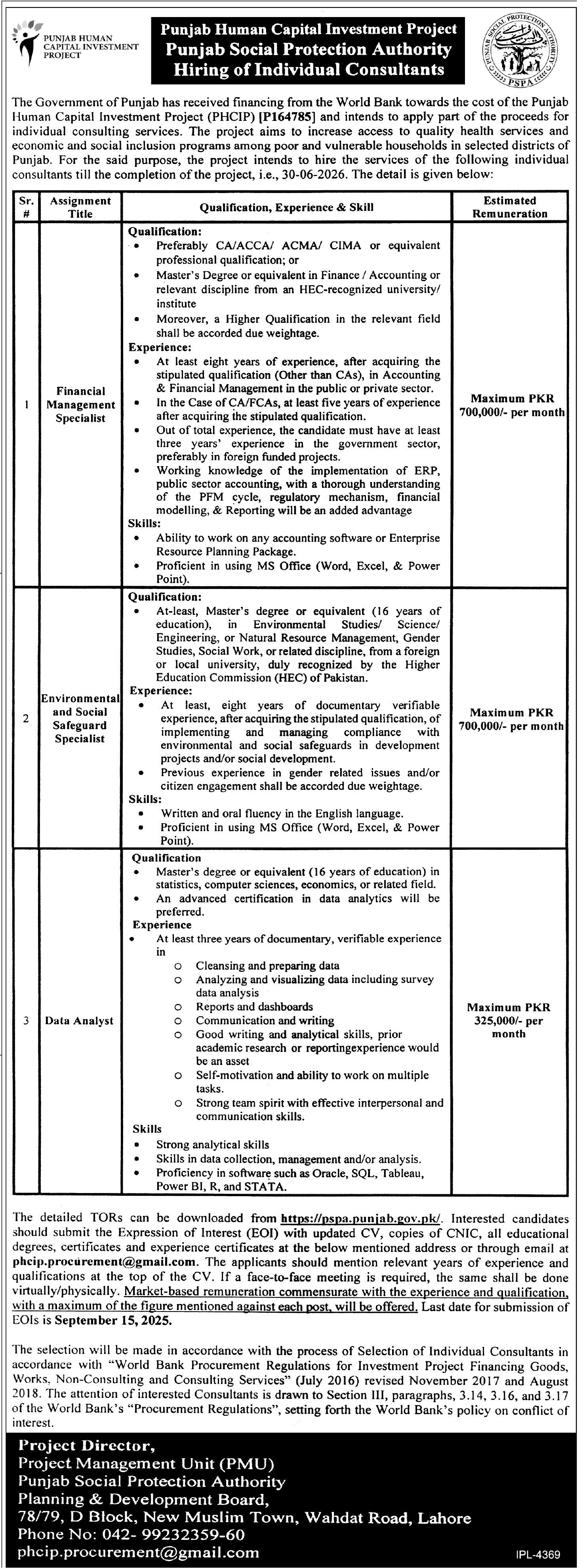 Punjab Human Capital Investment Project PHCIP Jobs 2025 – Punjab Human Organ Transplantation Authority Jobs 2025 — original advertisement
