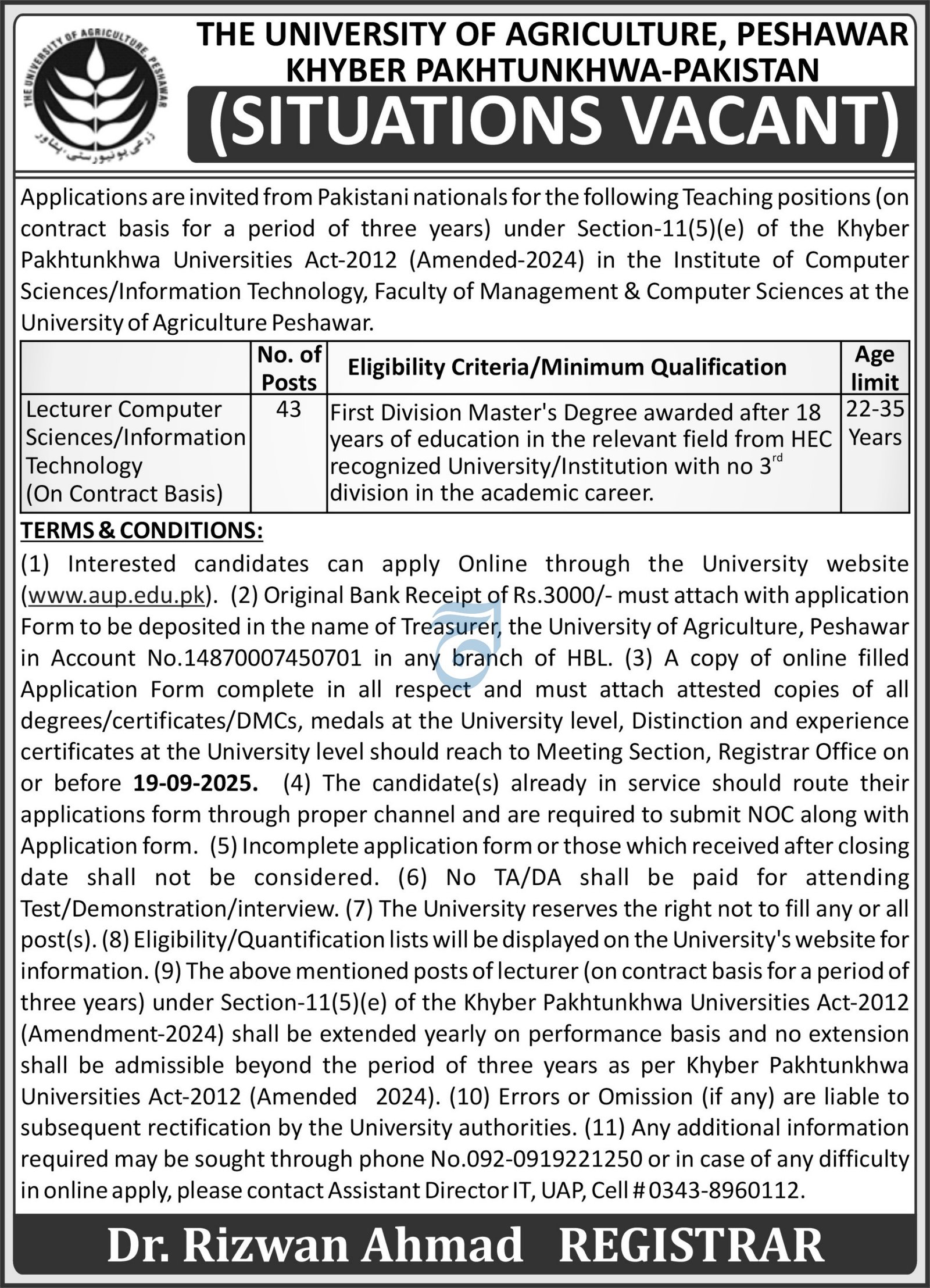 University of Agriculture Peshawar Jobs 2025 – University of Agriculture, Peshawar Jobs 2025 — original advertisement