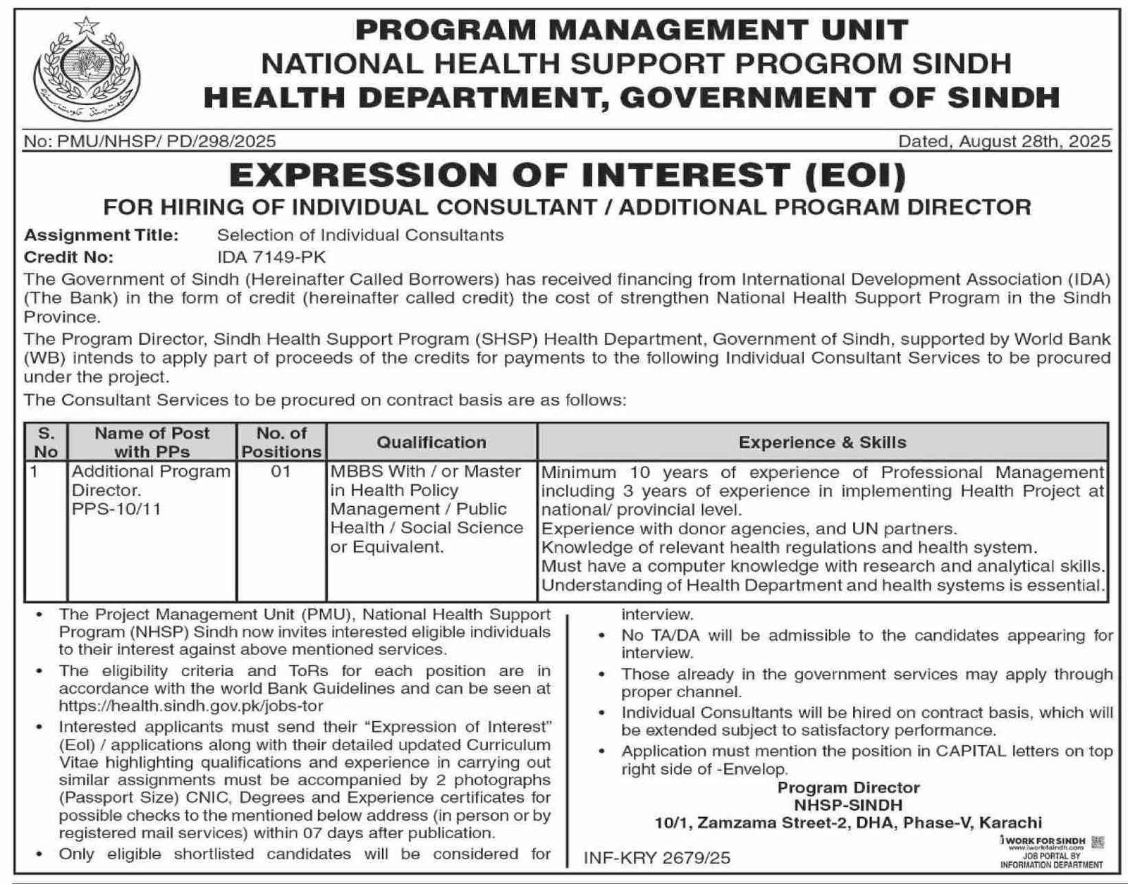 Health Department Sindh Karachi Jobs 2025 Jobs 2025 — original advertisement