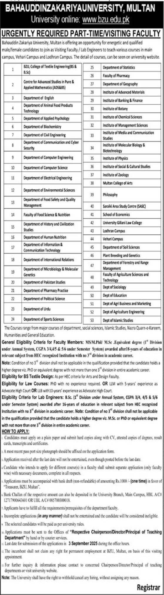 Faculty Positions At Bahauddin Zakariya University Multan Jobs 2025 — original advertisement