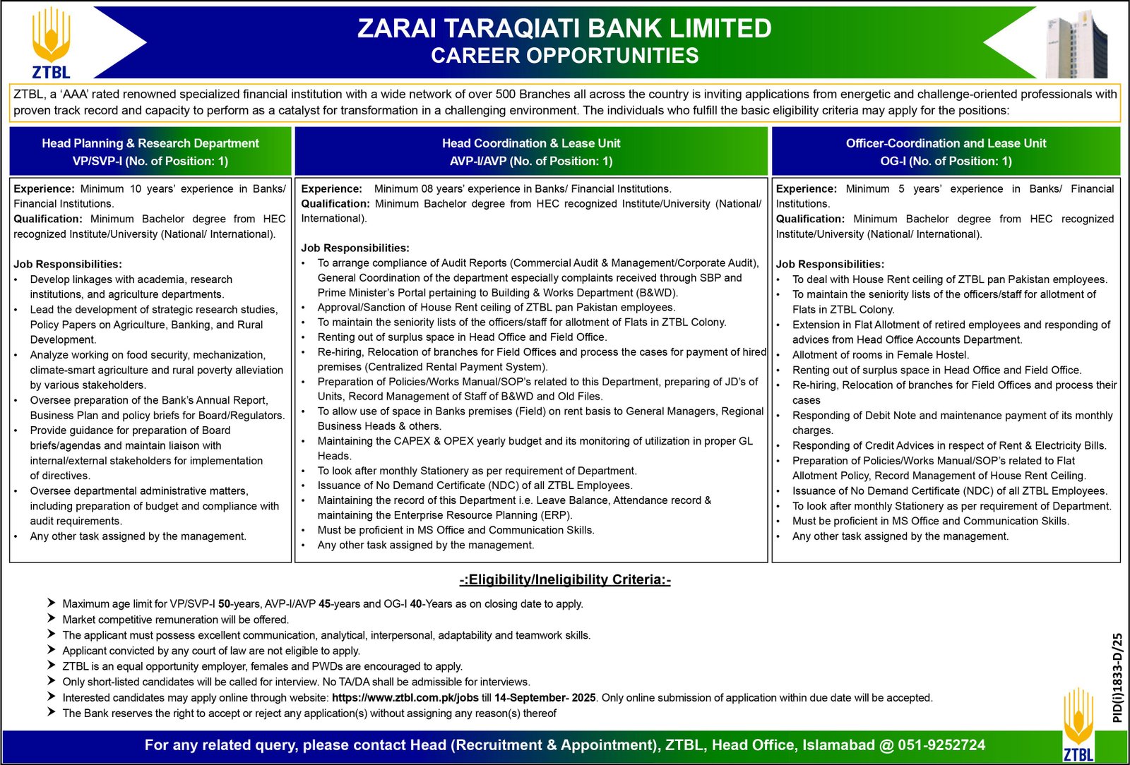 Zarai Taraqiati Bank Limited ZTBL Islamabad Jobs 2025 Jobs 2025 — original advertisement