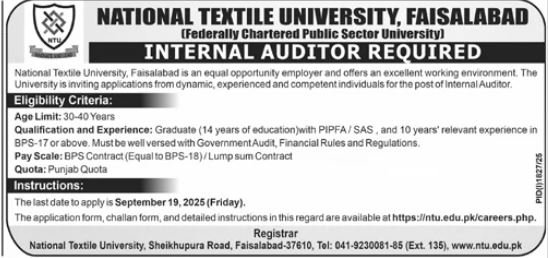 National Textile University NTU Internal Auditor Jobs 2025 – National Textile University Faisalabad | NTU Jobs 2025 — original advertisement