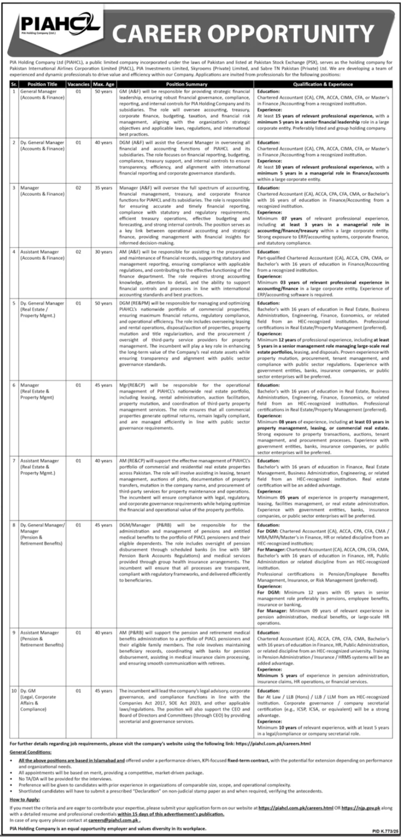 PIA Holding Company Limited PIAHCL Jobs 2025 – Pakistan International Airlines PIA Jobs 2025 — original advertisement
