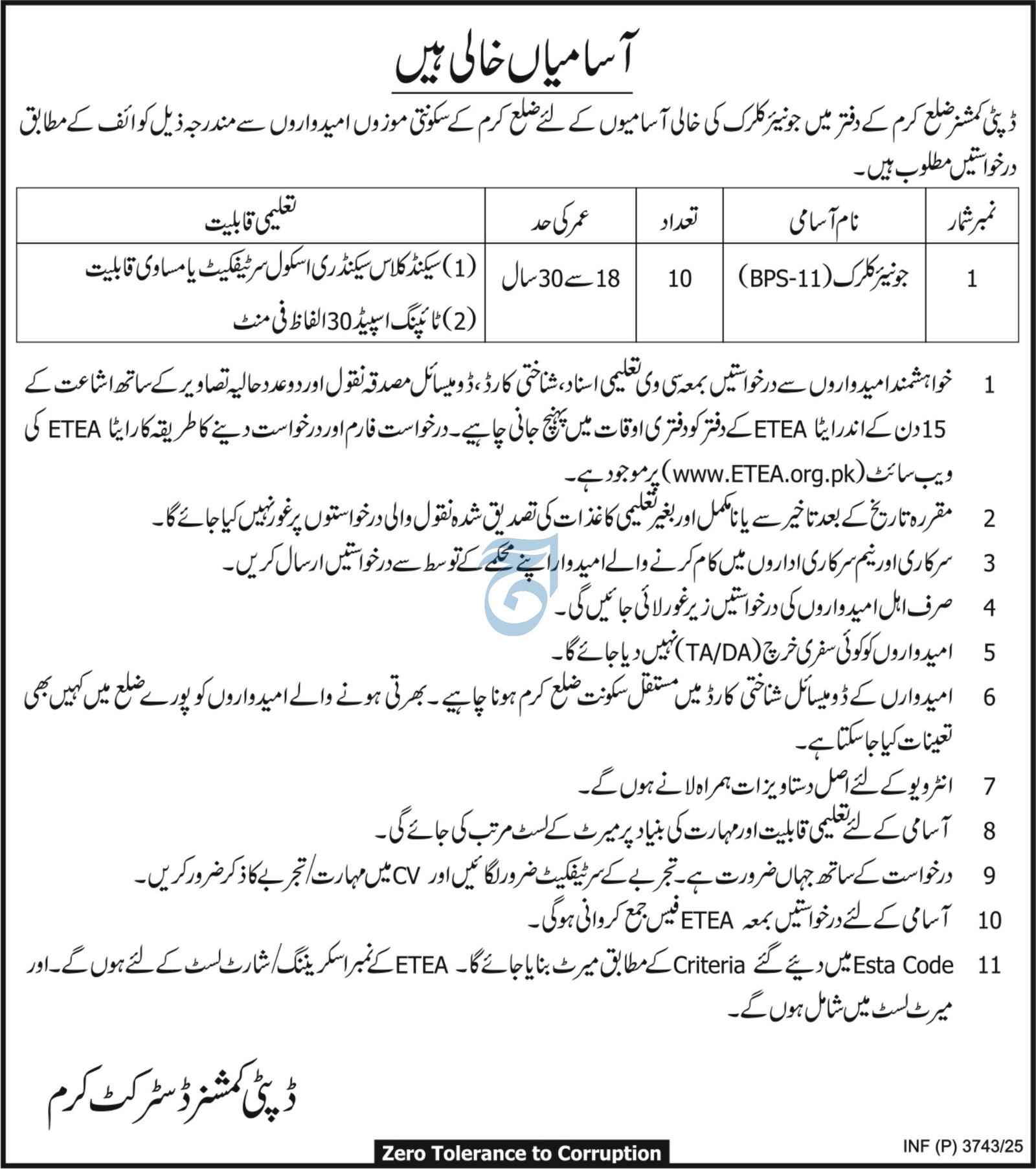 Deputy Commissioner Office Kurram Jobs 2025 – Revenue Department KPK Jobs 2025 — original advertisement