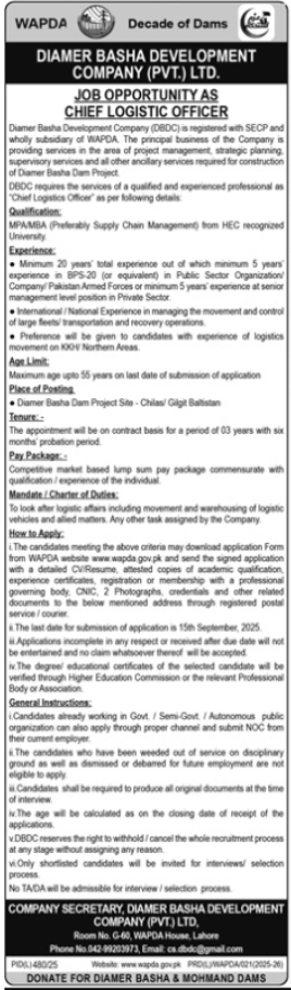 Diamer Basha Development Company Lahore Jobs 2025 – Water and Power Development Authority Jobs 2025 — original advertisement