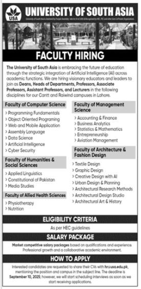 University Of South Asia Lahore JObs 2025 – The University of South Asia Jobs 2025 — original advertisement