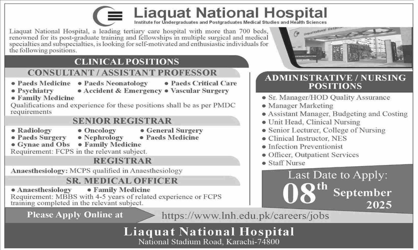 Liaquat National Hospital LNH Karachi Jobs 2025 – Liaquat National Hospital & Medical College Jobs 2025 — original advertisement