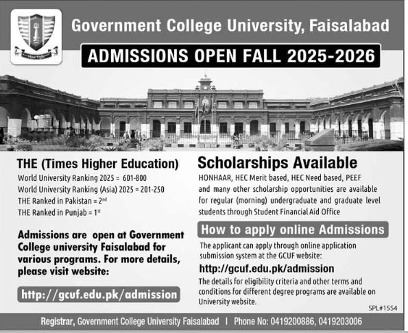 Admission Open in Government College Univeristy Faislabad – Government College University Faisalabad Admissions 2025 — original advertisement