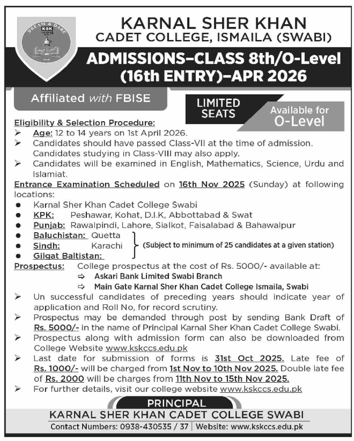 Admission Open in Karnal Sher Khan Cadet College Swabi 2025 Admissions 2025 — original advertisement