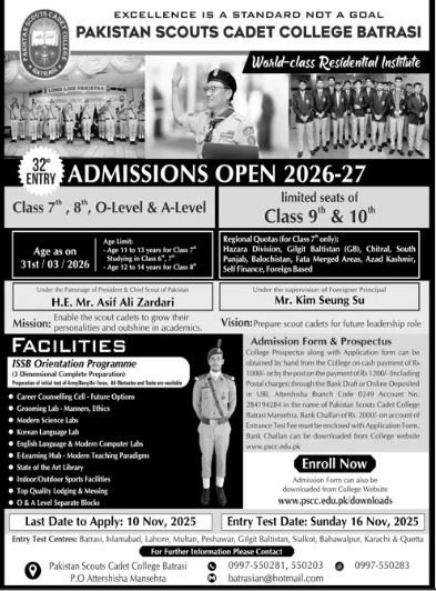 Admission Open in Pakistan Scouts Cadet College Batrasi 2025 – Pakistan Scouts Cadet College Batrasi Mansehra Admissions 2025 — original advertisement