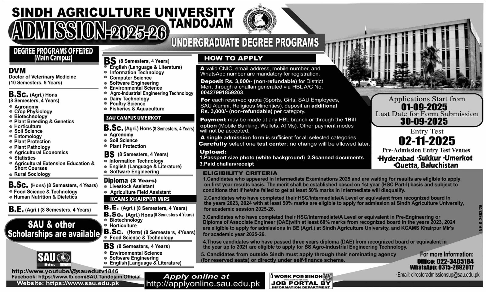 Admission Open in Sindh Agriculture Univeristy TandoJam 2025 – Sindh Agriculture University Tandojam Admissions 2025 — original advertisement