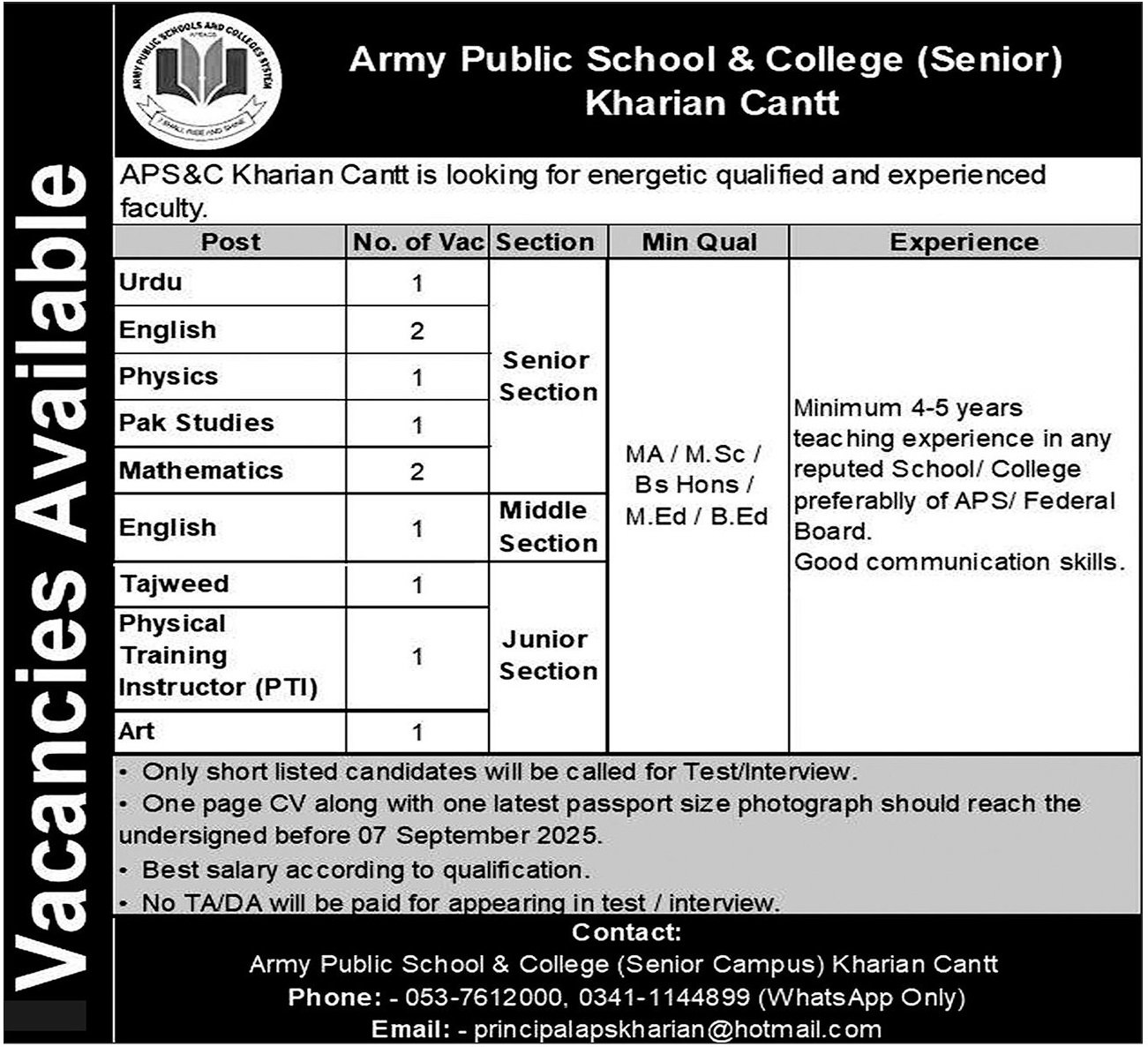 Army Public School & College APS&C Kharian Jobs 2025 – Army Public School & College Paksitan Jobs 2025 — original advertisement