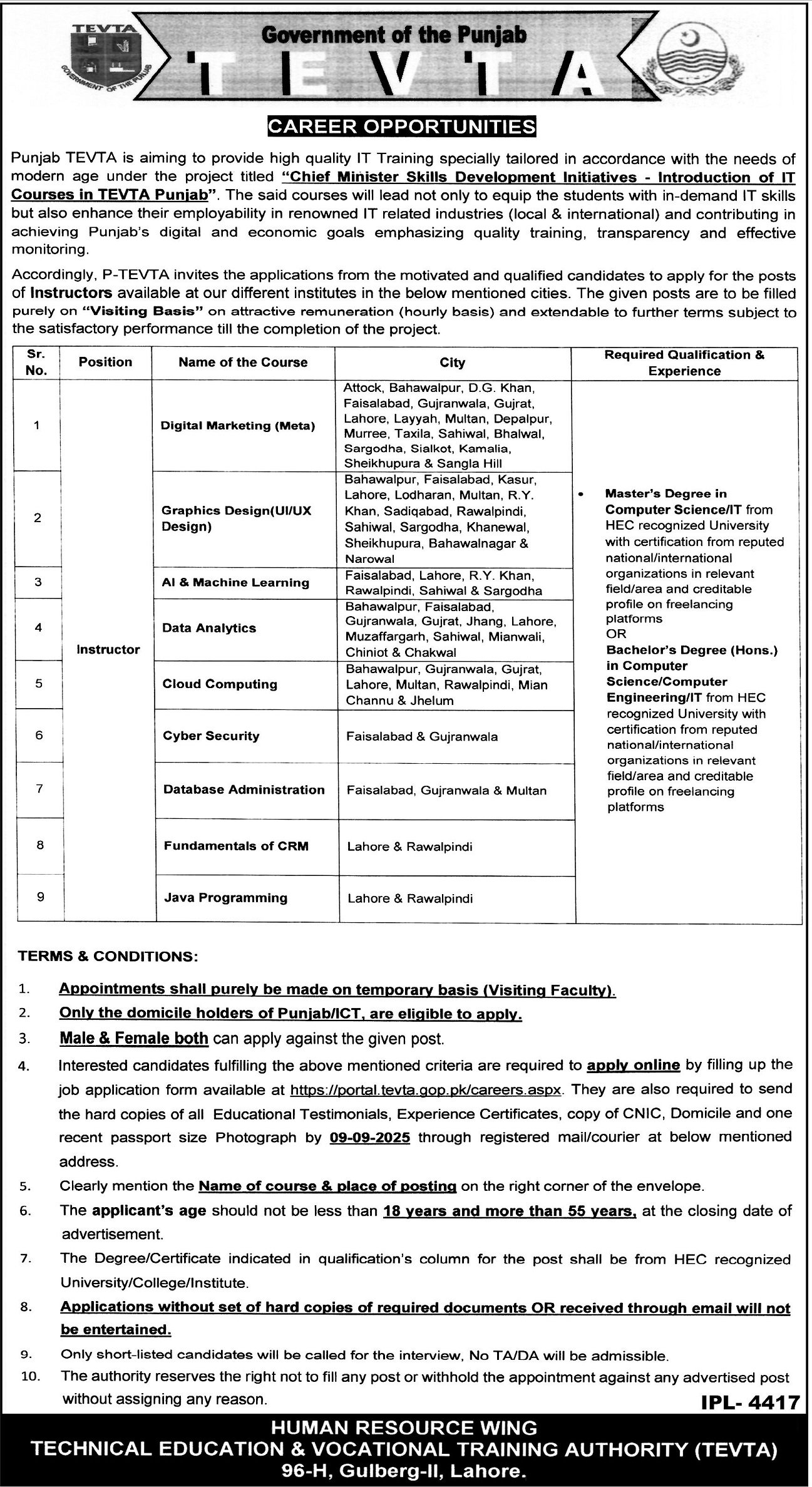 Technical Education & Vocational Training Authority Jobs – Technical Education & Vocational Training Authority TEVTA Punjab Jobs 2025 — original advertisement