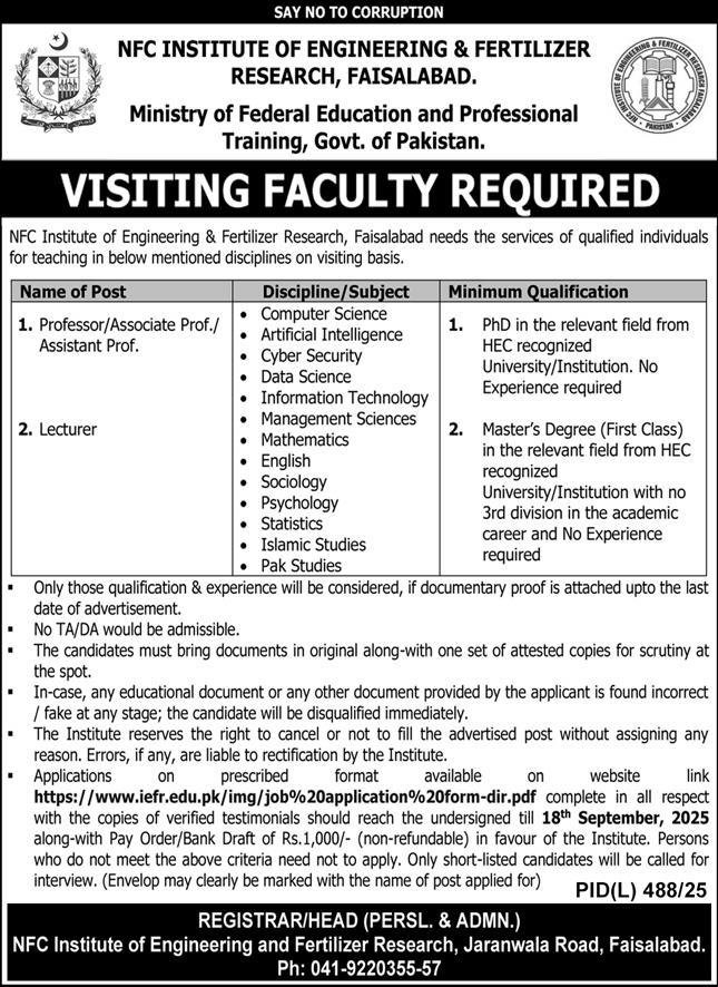 Nfc Institute of Engineering & Fertilizer Reseach Jobs 2025 – NFC Institute of Engineering and Fertilizer Research Faisalabad Jobs 2025 — original advertisement