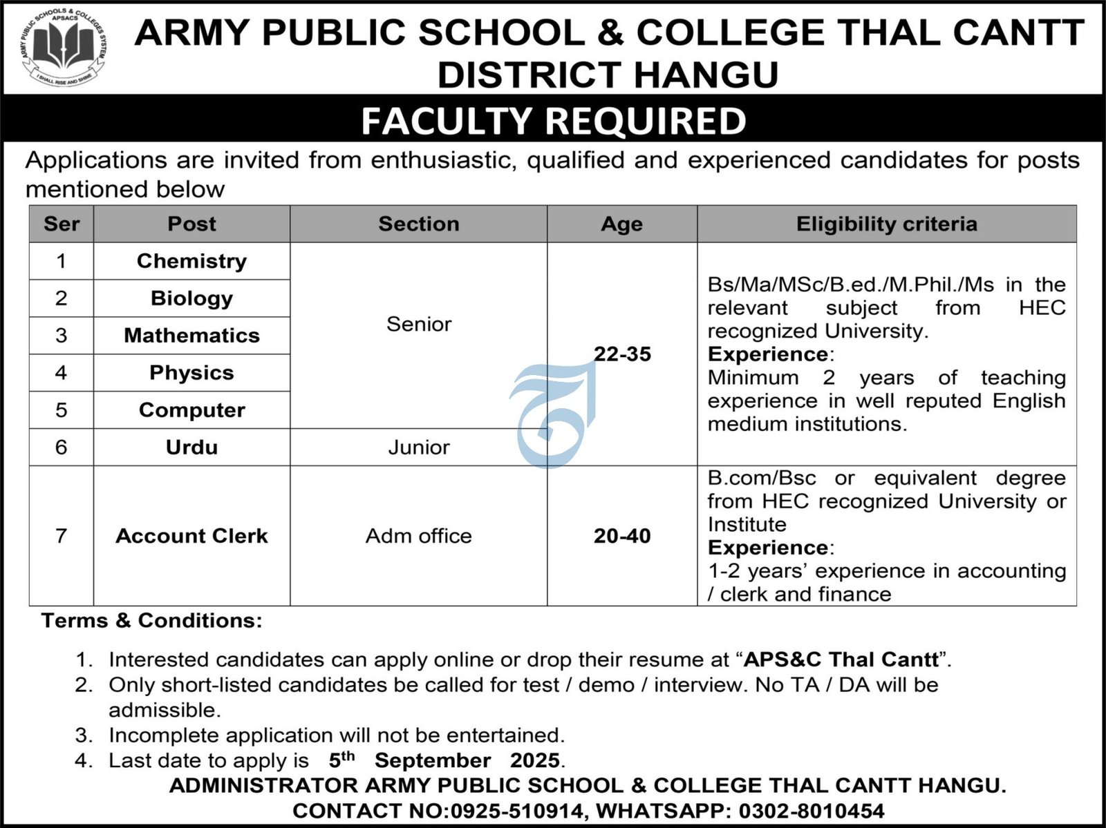 Army Public School & College Thal Cantt Jobs 2025 – Army Public School & College Paksitan Jobs 2025 — original advertisement