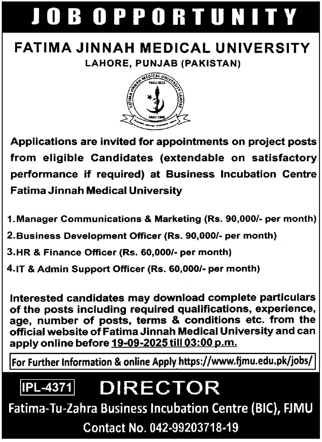 Fatima Jinnah Medical University FJMU Lahore Jobs 2025 – Fatima Jinnah Women University Rawalpindi Jobs 2025 — original advertisement