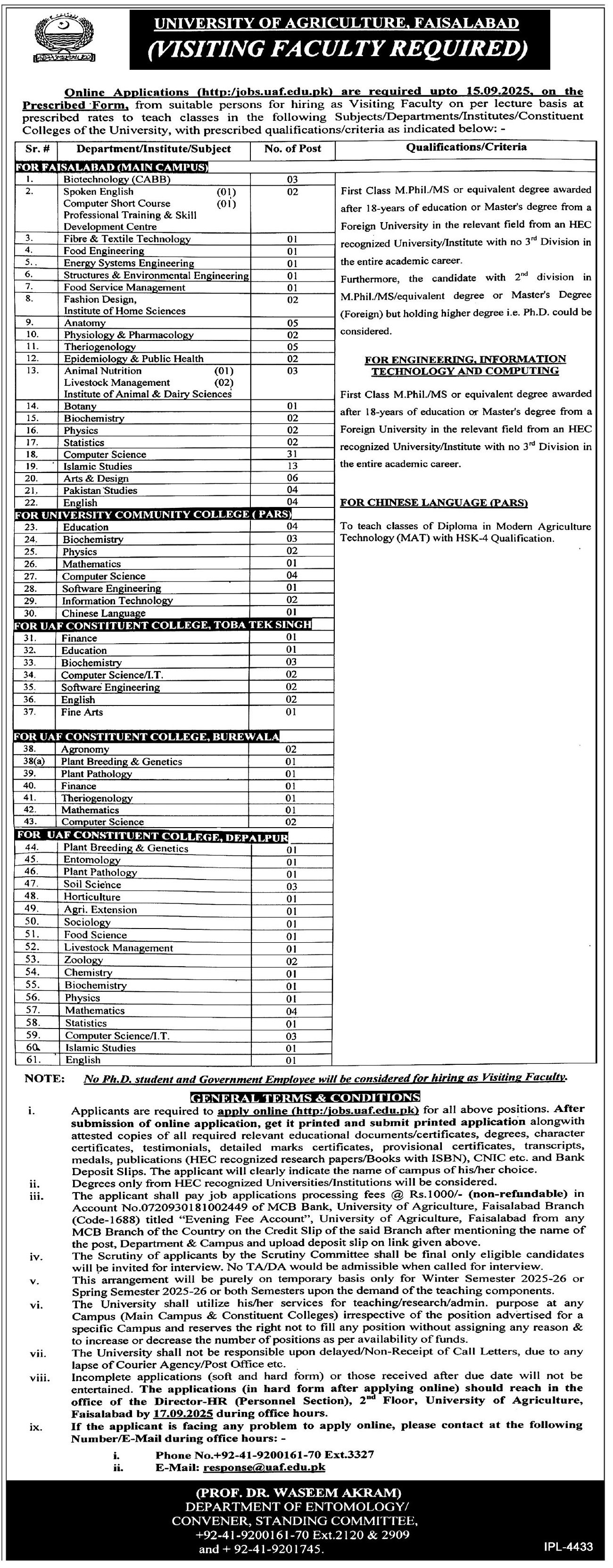 University Of Agriculture Faisalabad Visiting Faculty Jobs Jobs 2025 — original advertisement