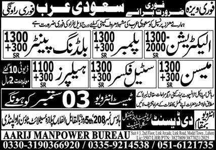 Mason & Building Painter Jobs 2025 In Saudi Arabia – Aarij Manpower Bureau Jobs 2025 — original advertisement