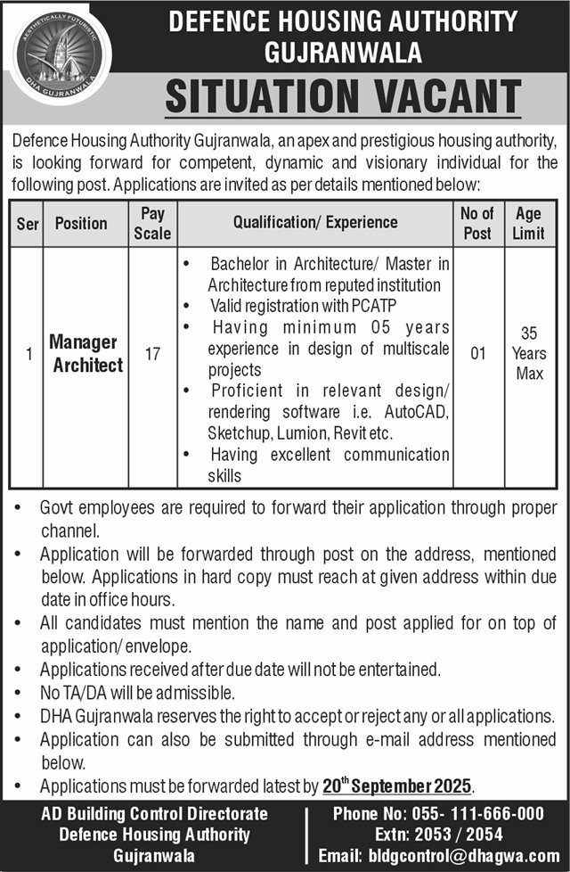 Defence Housing Authority DHA Gujranwala Jobs 2025 Jobs 2025 — original advertisement